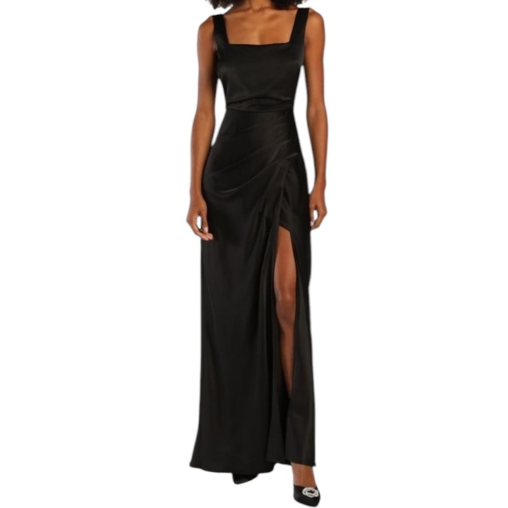 Lulu's Black Satin Maxi Dress with Square Neck & Thigh Slit